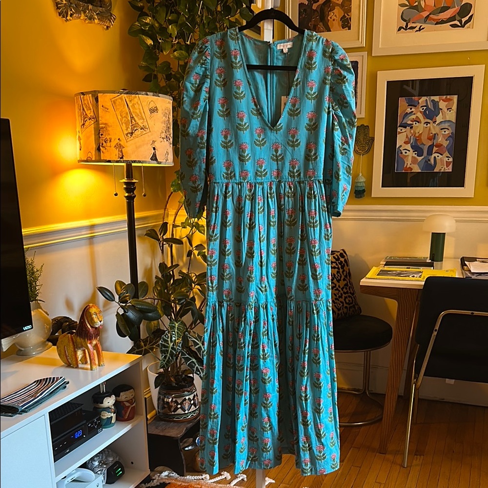 Pink Chicken Cornflower Blue Floral Long Sleeve Dress